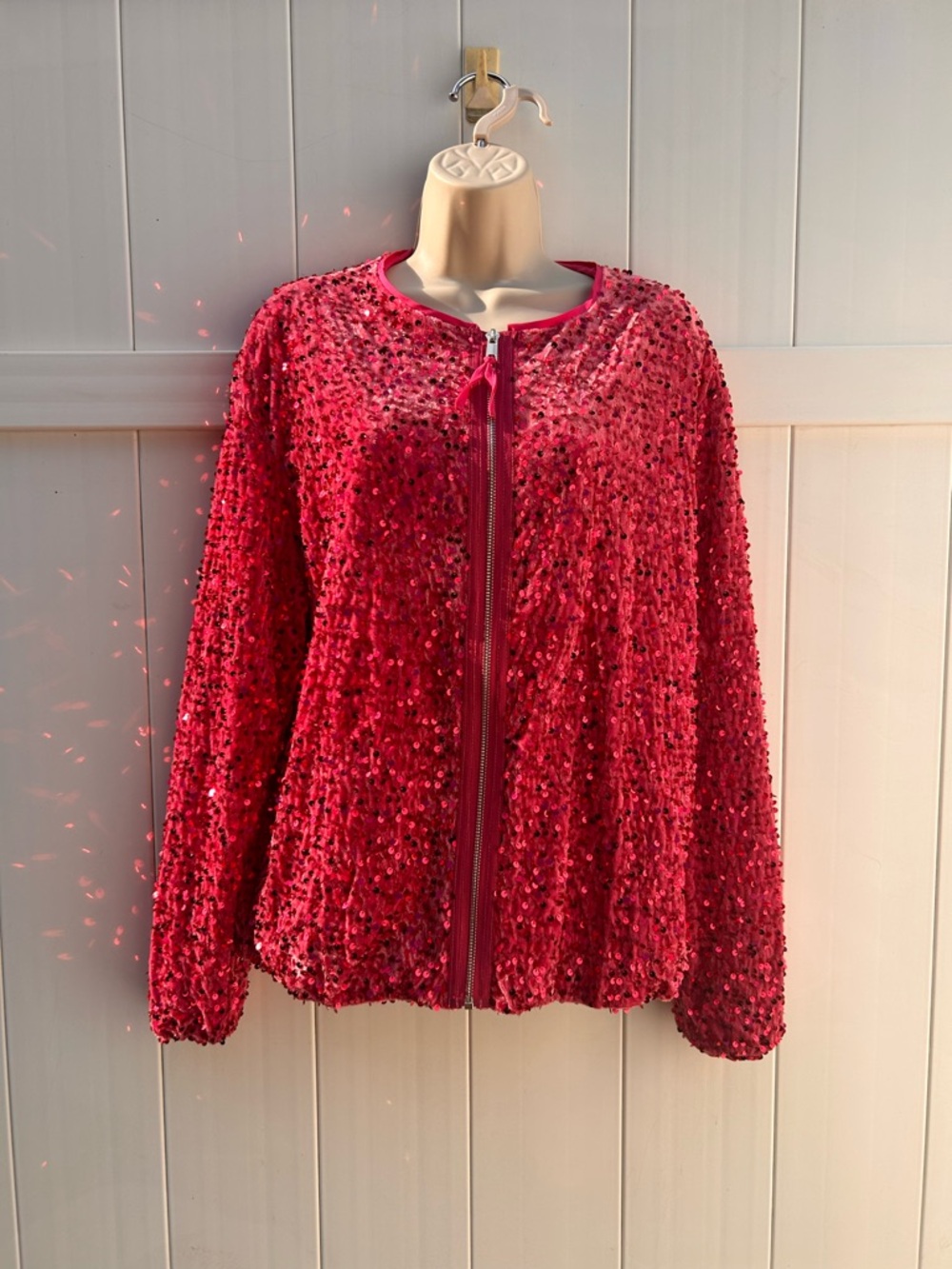 Barbie Pink Crushed Velvet & Sequin Zip-Front Jacket | Oversized Size Medium